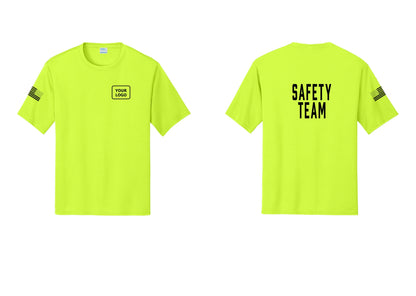 NYC Factory Custom Logo Safety Team Performance T-Shirt (Classic) - Your Logo + Back + US Flag Sleeve - Neon Yellow