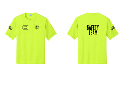 NYC Factory Custom Logo Safety Team Performance T-Shirt (Classic) - SAFETY TEAM + Your Logo + Back + US Flag Sleeve - Neon Yellow