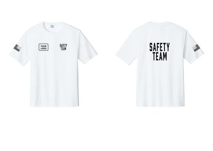 NYC Factory Custom Logo Safety Team Performance T-Shirt (Classic) - SAFETY TEAM + Your Logo + Back + US Flag Sleeve - White
