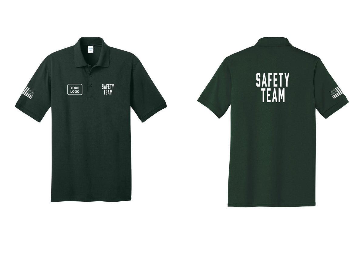 NYC Factory Custom Logo Safety Team Polo Shirt (Classic) - SAFETY TEAM + Your Logo + Back + US Flag Sleeve - Dark Green