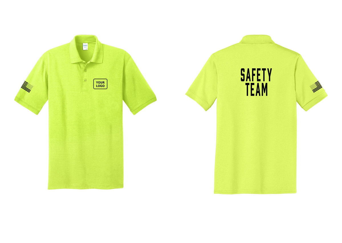 NYC Factory Custom Logo Safety Team Polo Shirt (Classic) - Your Logo + Back + US Flag Sleeve - Safety Green