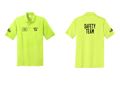 NYC Factory Custom Logo Safety Team Polo Shirt (Classic) - SAFETY TEAM + Your Logo + Back + US Flag Sleeve - Safety Green