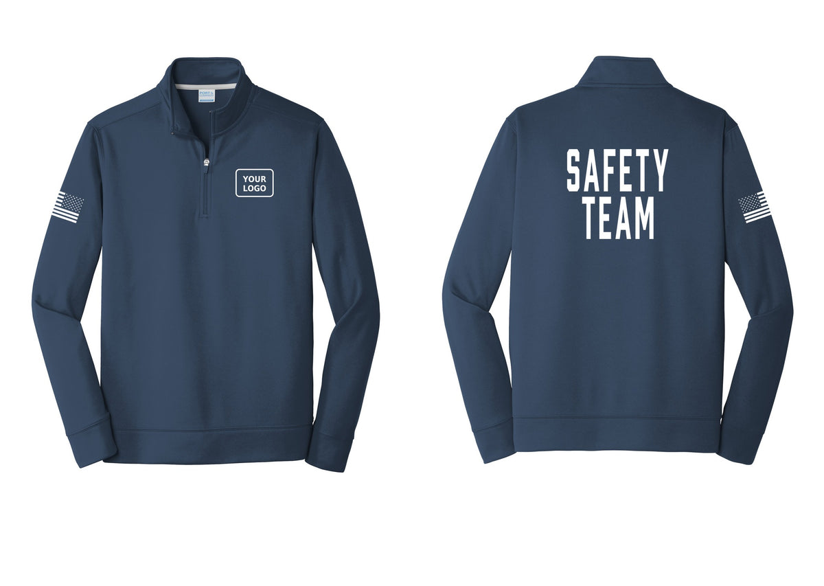 NYC Factory Custom Logo Safety Team Performance Fleece 1/4-Zip Pullover Sweatshirt (Classic) - Your Logo + Back + US Flag Sleeve - Navy