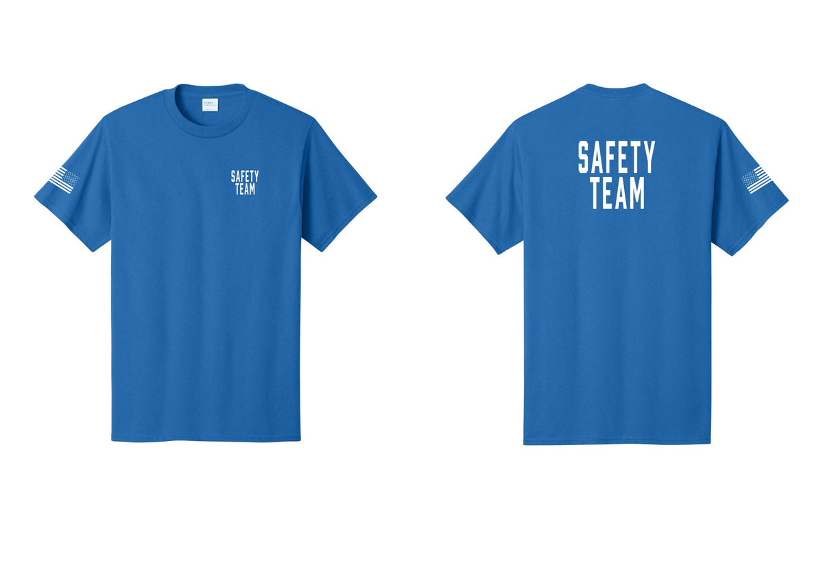 NYC Factory Safety Team T-Shirt for Events, Venues & Volunteers (Classic) - Chest + Back + US Flag Sleeve - Royal