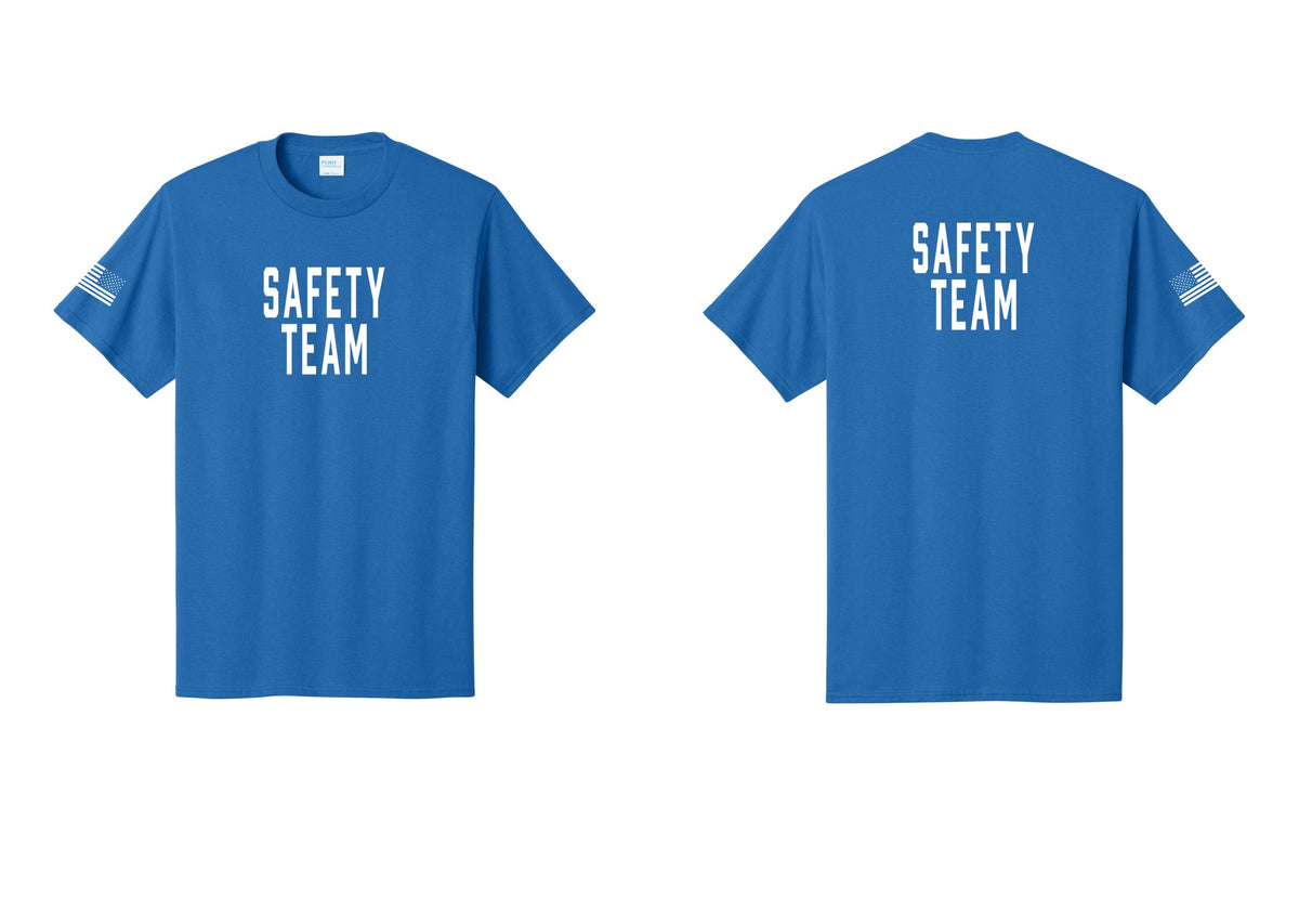 NYC Factory Safety Team T-Shirt for Events, Venues & Volunteers (Classic) - Front + Back + US Flag Sleeve - Royal