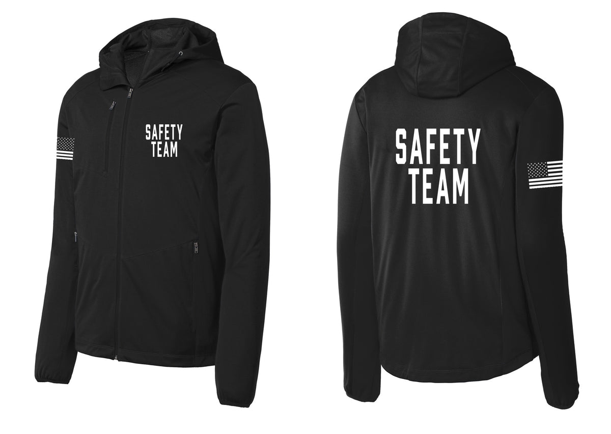 NYC Factory Safety Team Soft Shell Hooded Jacket (Classic) - Chest + Back + US Flag Sleeve - Deep Black