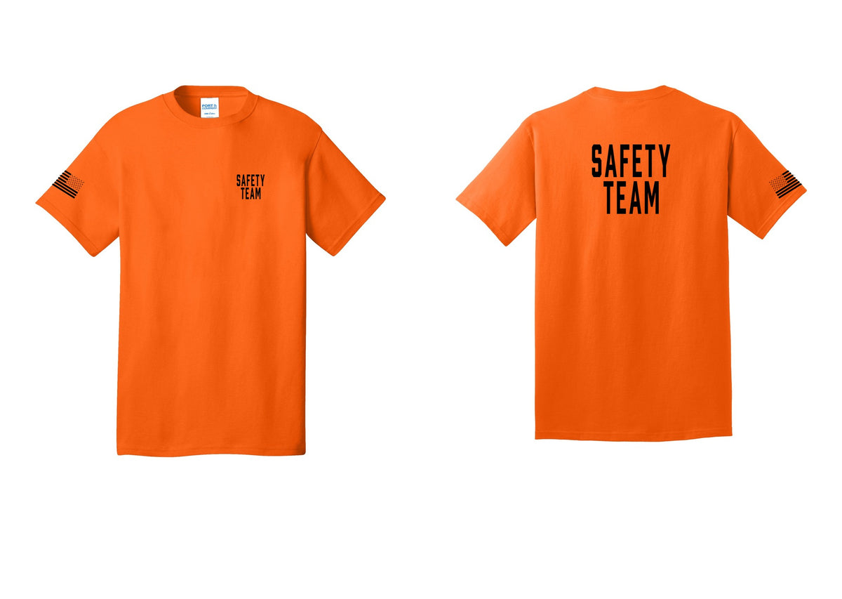 NYC Factory Safety Team T-Shirt for Events, Venues & Volunteers (Classic) - Chest + Back + US Flag Sleeve - Safety Orange