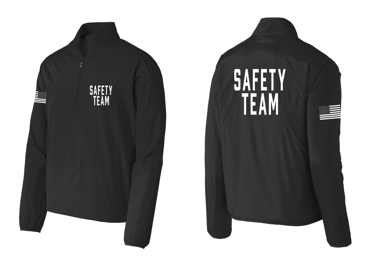 NYC Factory Safety Team Windbreaker 1/2-Zip Pullover (Classic) - Chest + Back + US Flag Sleeve - Black