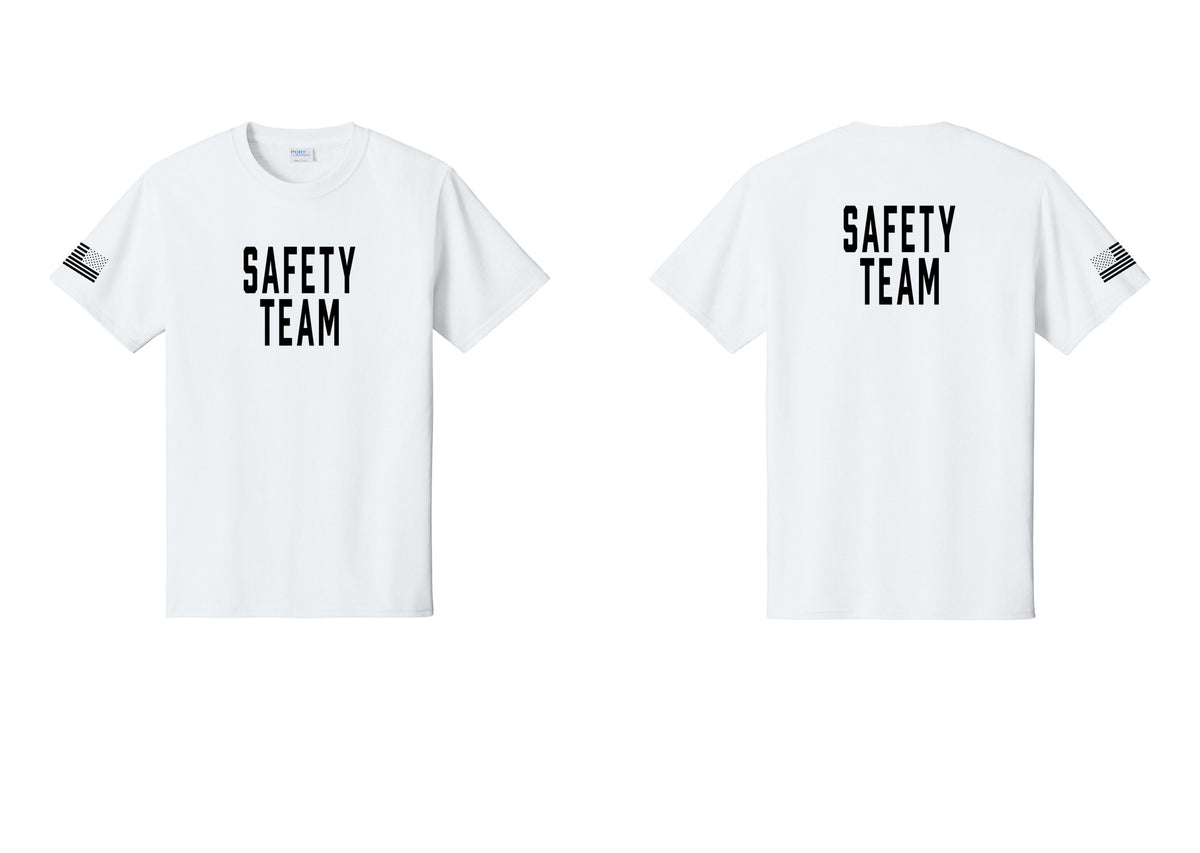 NYC Factory Safety Team T-Shirt for Events, Venues & Volunteers (Classic) - Front + Back + US Flag Sleeve - White
