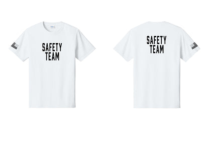 NYC Factory Safety Team T-Shirt for Events, Venues & Volunteers (Classic) - Front + Back + US Flag Sleeve - White