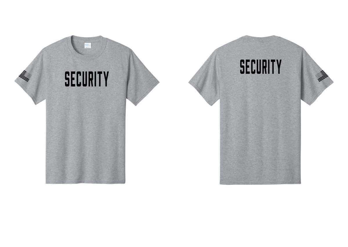 NYC Factory Unisex Security Black T-Shirt - Front + Back + US Flag Sleeve - Athletic Heather