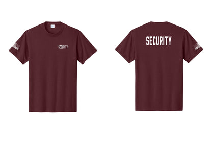 NYC Factory Security T-Shirt, Condensed Lettering - Chest + Back + US Flag Sleeve - Athletic Maroon