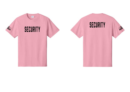 NYC Factory Security T-Shirt, Condensed Lettering - Front + Back + US Flag Sleeve - Candy Pink