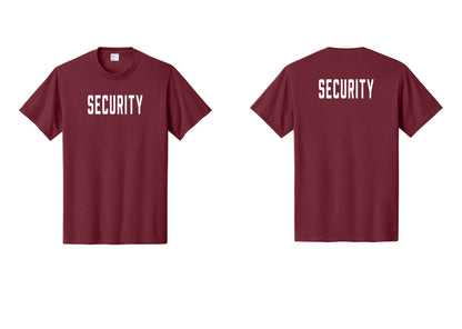 NYC Factory Security T-Shirt, Condensed Lettering - Front + Back - Cardinal