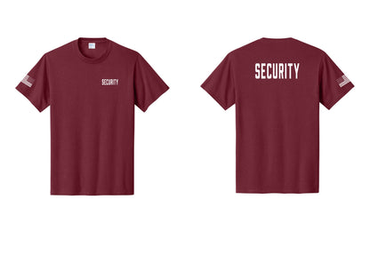 NYC Factory Security T-Shirt, Condensed Lettering - Chest + Back + US Flag Sleeve - Cardinal