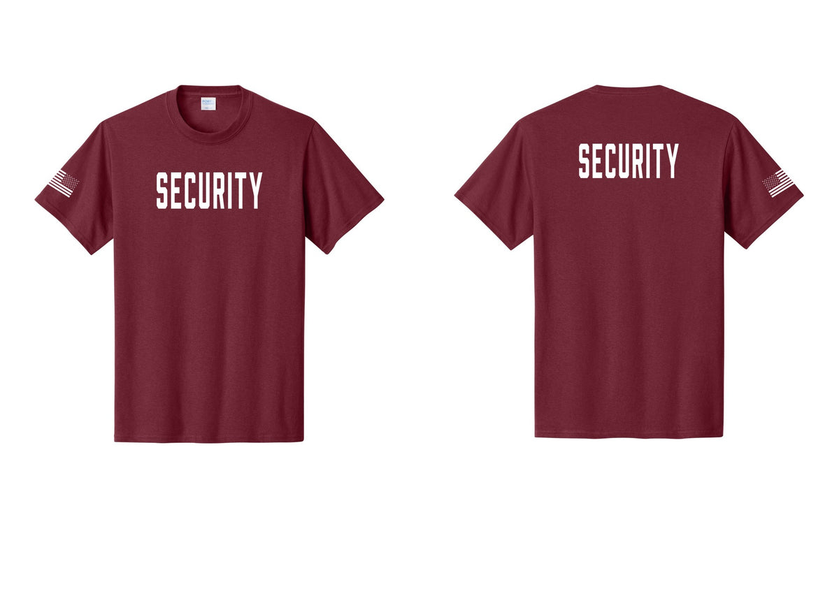 NYC Factory Unisex Security Black T-Shirt - Front + Back + US Flag Sleeve - Cardinal