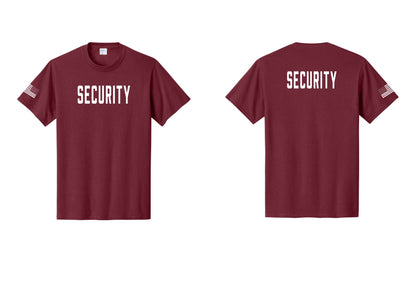 NYC Factory Unisex Security Black T-Shirt - Front + Back + US Flag Sleeve - Cardinal