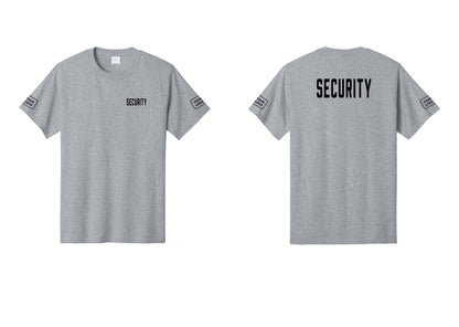 NYC Factory Custom Logo Security T-Shirt, Condensed Lettering - Chest + Back + Your Logo Sleeves - Athletic Heather