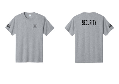 NYC Factory Custom Logo Security T-Shirt, Condensed Lettering - Your Logo + Back + US Flag Sleeve - Athletic Heather