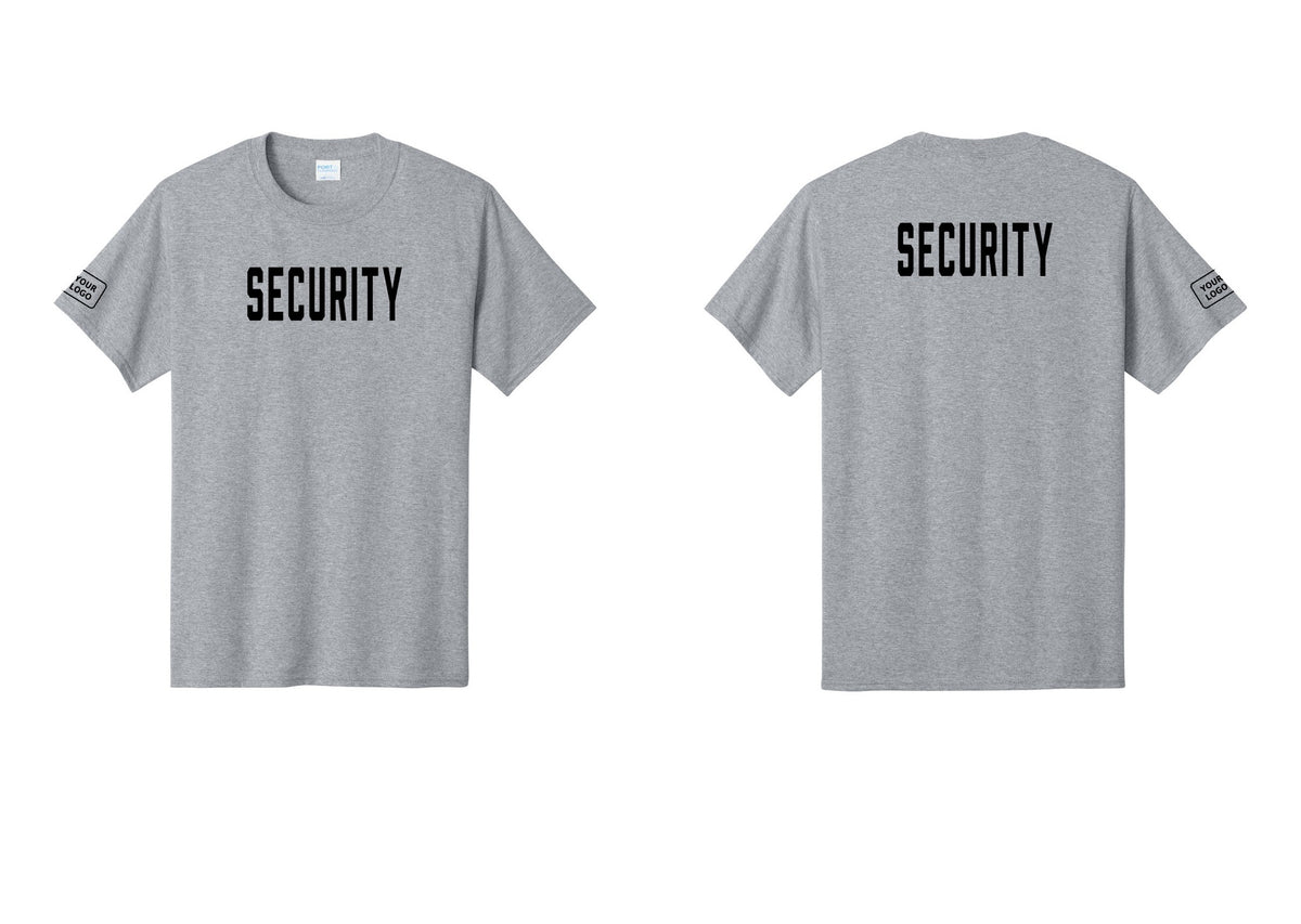 NYC Factory Custom Logo Security T-Shirt, Condensed Lettering - Front + Back + Your Logo Sleeve - Athletic Heather