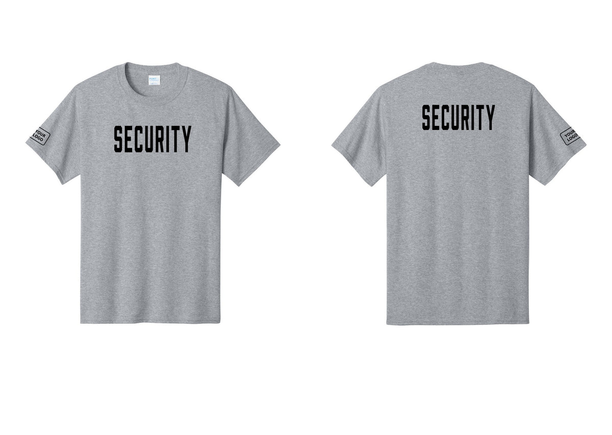 NYC Factory Unisex Security Custom Logo Black T-Shirt - Front + Back + Your Logo Sleeve - Athletic Heather