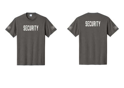 NYC Factory Custom Logo Security T-Shirt, Condensed Lettering - Front + Back + Your Logo Sleeves - Charcoal