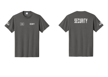 NYC Factory Custom Logo Security T-Shirt, Condensed Lettering - SECURITY + Your Logo + Back + US Flag Sleeve - Charcoal