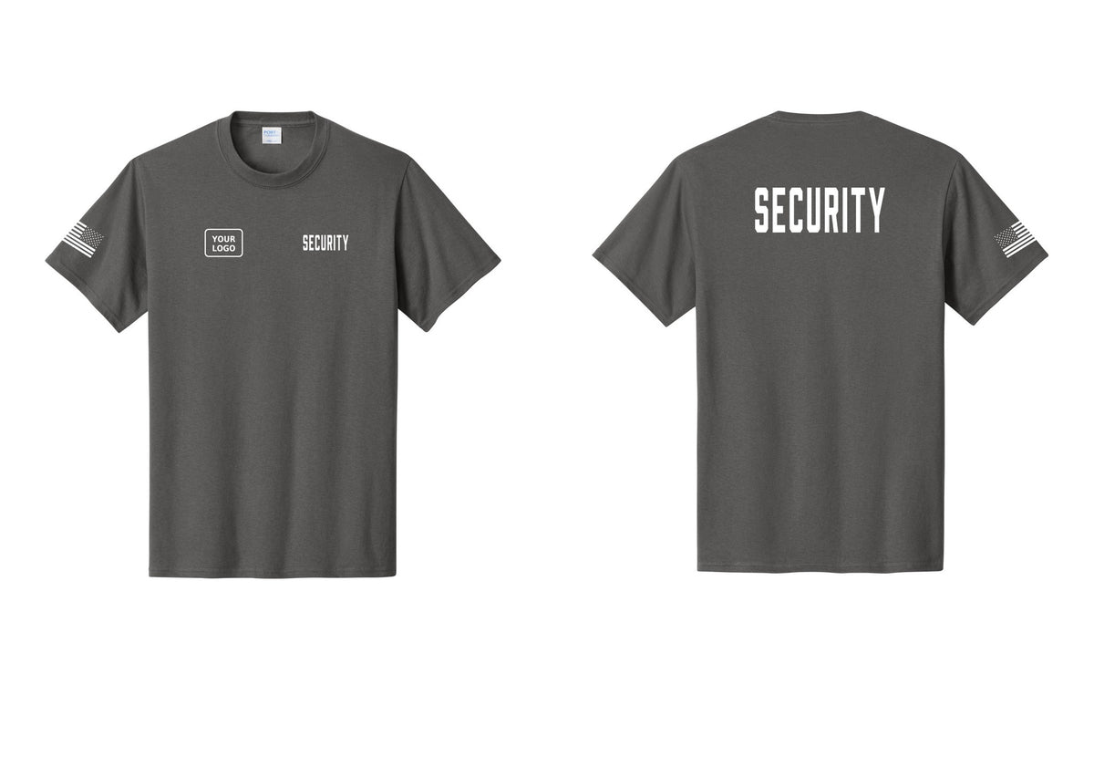 NYC Factory Unisex Security Custom Logo Black T-Shirt - SECURITY + Your Logo + Back + US Flag Sleeve - Charcoal