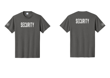 NYC Factory Custom Logo Security T-Shirt, Condensed Lettering - Front + Back + Your Logo Sleeve - Charcoal