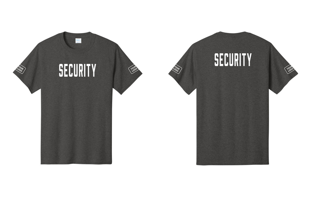NYC Factory Custom Logo Security T-Shirt, Condensed Lettering - Front + Back + Your Logo Sleeves - Dark Heather Grey