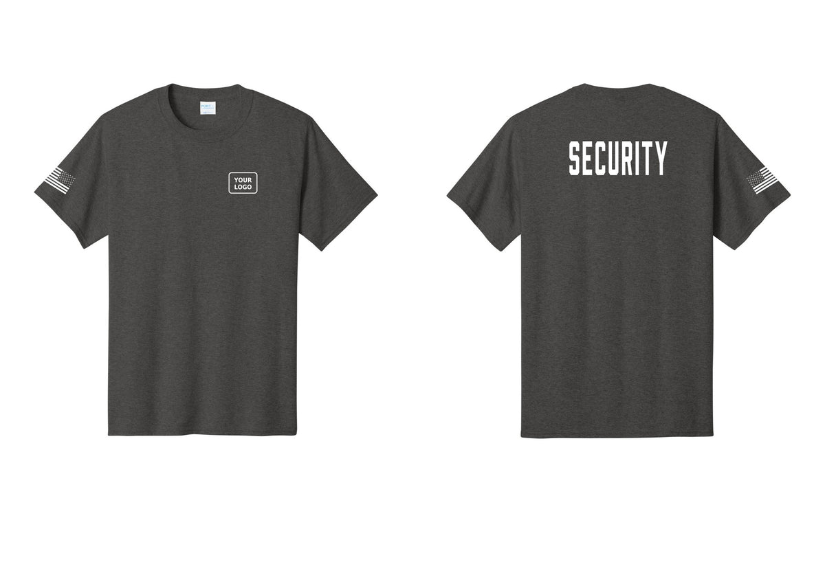 NYC Factory Custom Logo Security T-Shirt, Condensed Lettering - Your Logo + Back + US Flag Sleeve - Dark Heather Grey