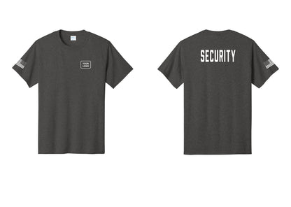 NYC Factory Custom Logo Security T-Shirt, Condensed Lettering - Your Logo + Back + US Flag Sleeve - Dark Heather Grey