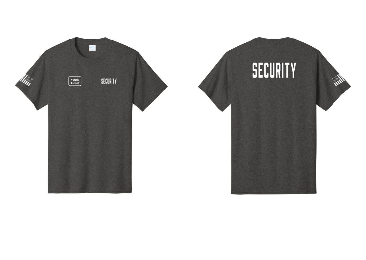 NYC Factory Unisex Security Custom Logo Black T-Shirt - SECURITY + Your Logo + Back + US Flag Sleeve - Dark Heather Grey