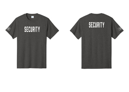 NYC Factory Custom Logo Security T-Shirt, Condensed Lettering - Front + Back + Your Logo Sleeve - Dark Heather Grey