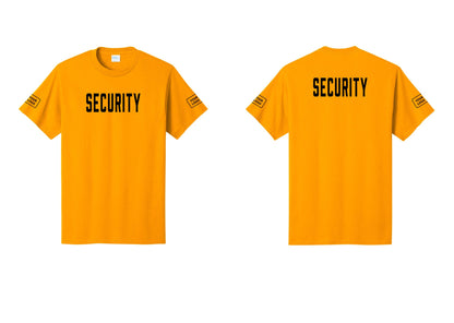 NYC Factory Custom Logo Security T-Shirt, Condensed Lettering - Front + Back + Your Logo Sleeves - Gold