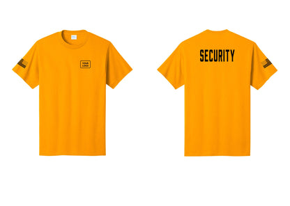 NYC Factory Custom Logo Security T-Shirt, Condensed Lettering - Your Logo + Back + US Flag Sleeve - Gold