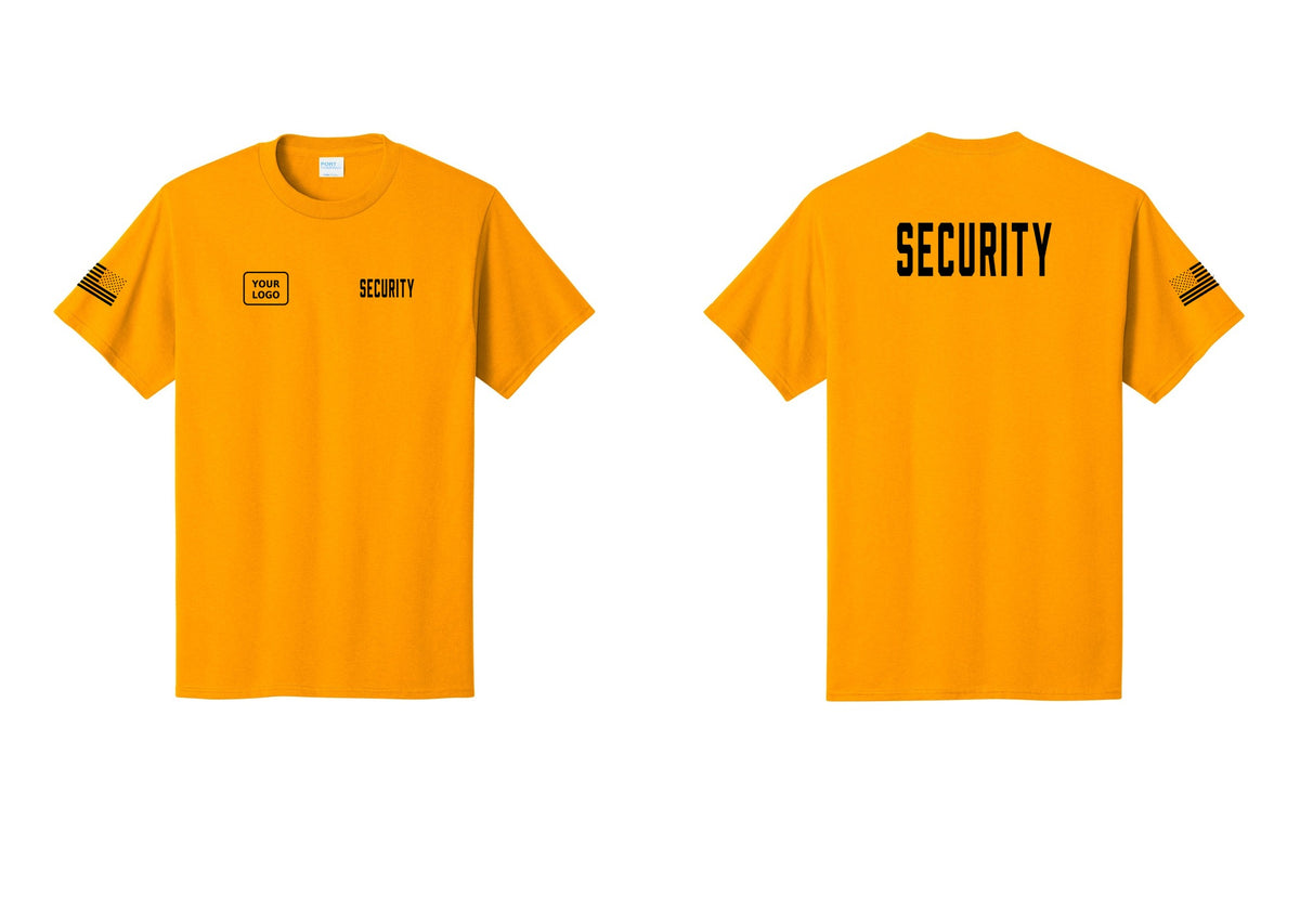 NYC Factory Unisex Security Custom Logo Black T-Shirt - SECURITY + Your Logo + Back + US Flag Sleeve - Gold