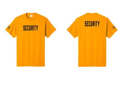 NYC Factory Custom Logo Security T-Shirt, Condensed Lettering - Front + Back + Your Logo Sleeve - Gold