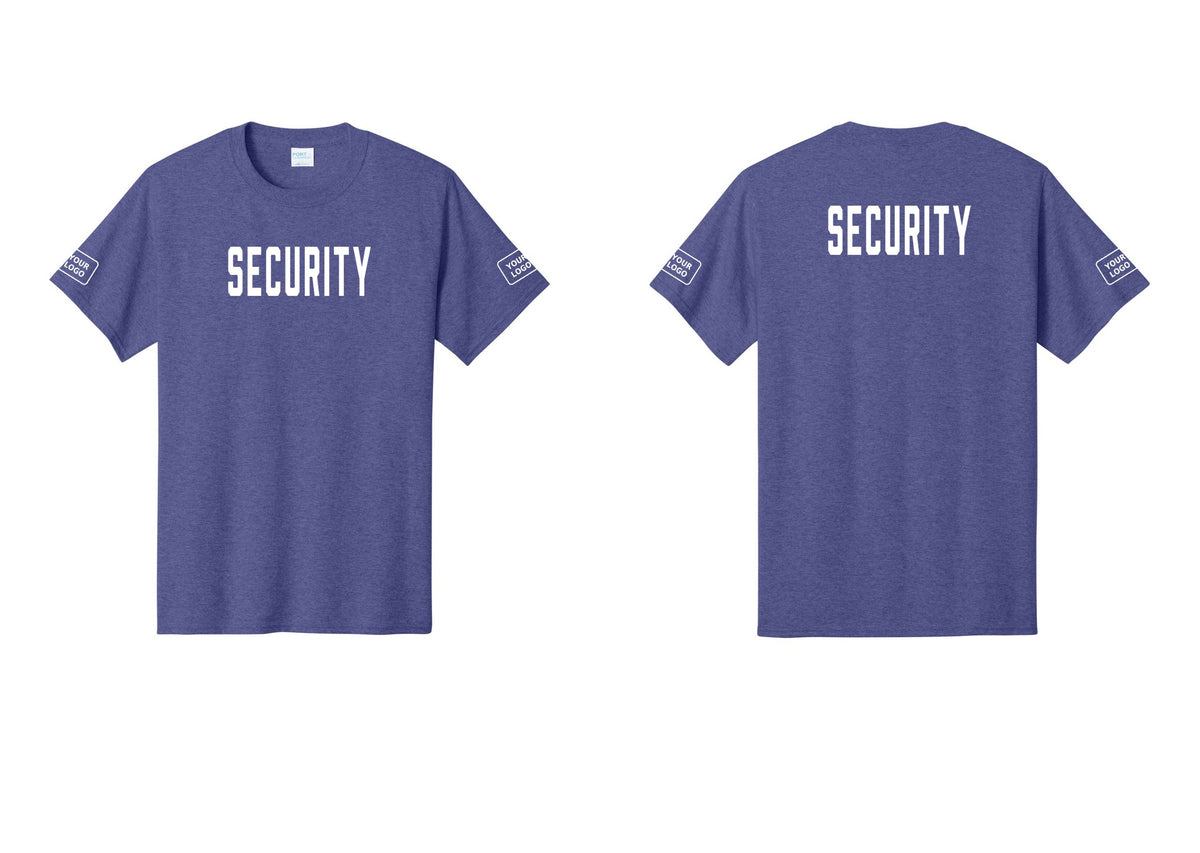 NYC Factory Custom Logo Security T-Shirt, Condensed Lettering - Front + Back + Your Logo Sleeves - Heather Purple