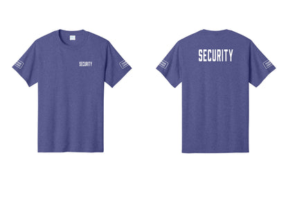 NYC Factory Custom Logo Security T-Shirt, Condensed Lettering - Chest + Back + Your Logo Sleeves - Heather Purple