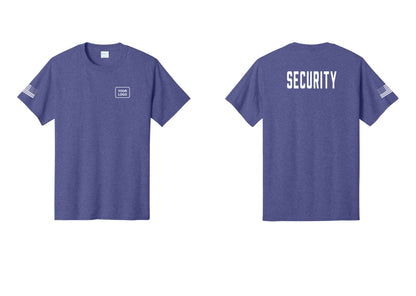 NYC Factory Unisex Security Custom Logo Black T-Shirt - Your Logo + Back + US Flag Sleeve - Heather Purple