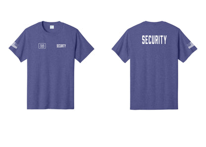 NYC Factory Custom Logo Security T-Shirt, Condensed Lettering - SECURITY + Your Logo + Back + US Flag Sleeve - Heather Purple