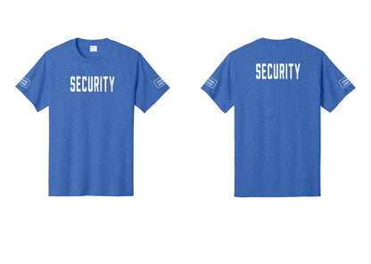 NYC Factory Custom Logo Security T-Shirt, Condensed Lettering - Front + Back + Your Logo Sleeves - Heather Royal
