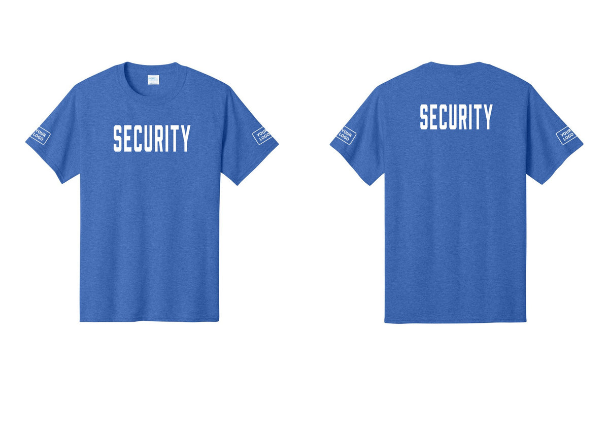 NYC Factory Unisex Security Custom Logo Black T-Shirt - Front + Back + Your Logo Sleeves - Heather Royal