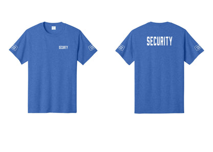 NYC Factory Unisex Security Custom Logo Black T-Shirt - Chest + Back + Your Logo Sleeves - Heather Royal