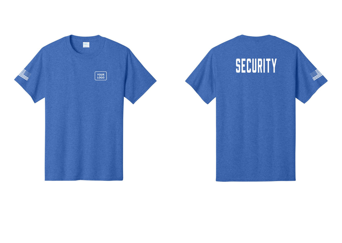 NYC Factory Unisex Security Custom Logo Black T-Shirt - Your Logo + Back + US Flag Sleeve - Heather Royal