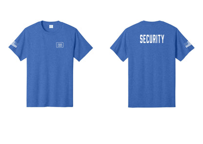 NYC Factory Unisex Security Custom Logo Black T-Shirt - Your Logo + Back + US Flag Sleeve - Heather Royal