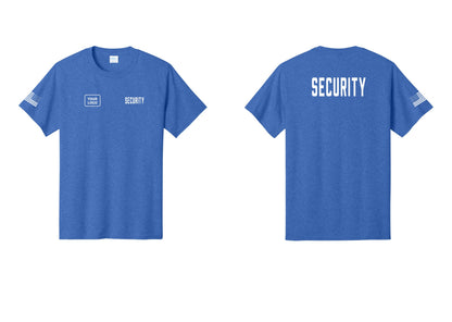 NYC Factory Unisex Security Custom Logo Black T-Shirt - SECURITY + Your Logo + Back + US Flag Sleeve - Heather Royal