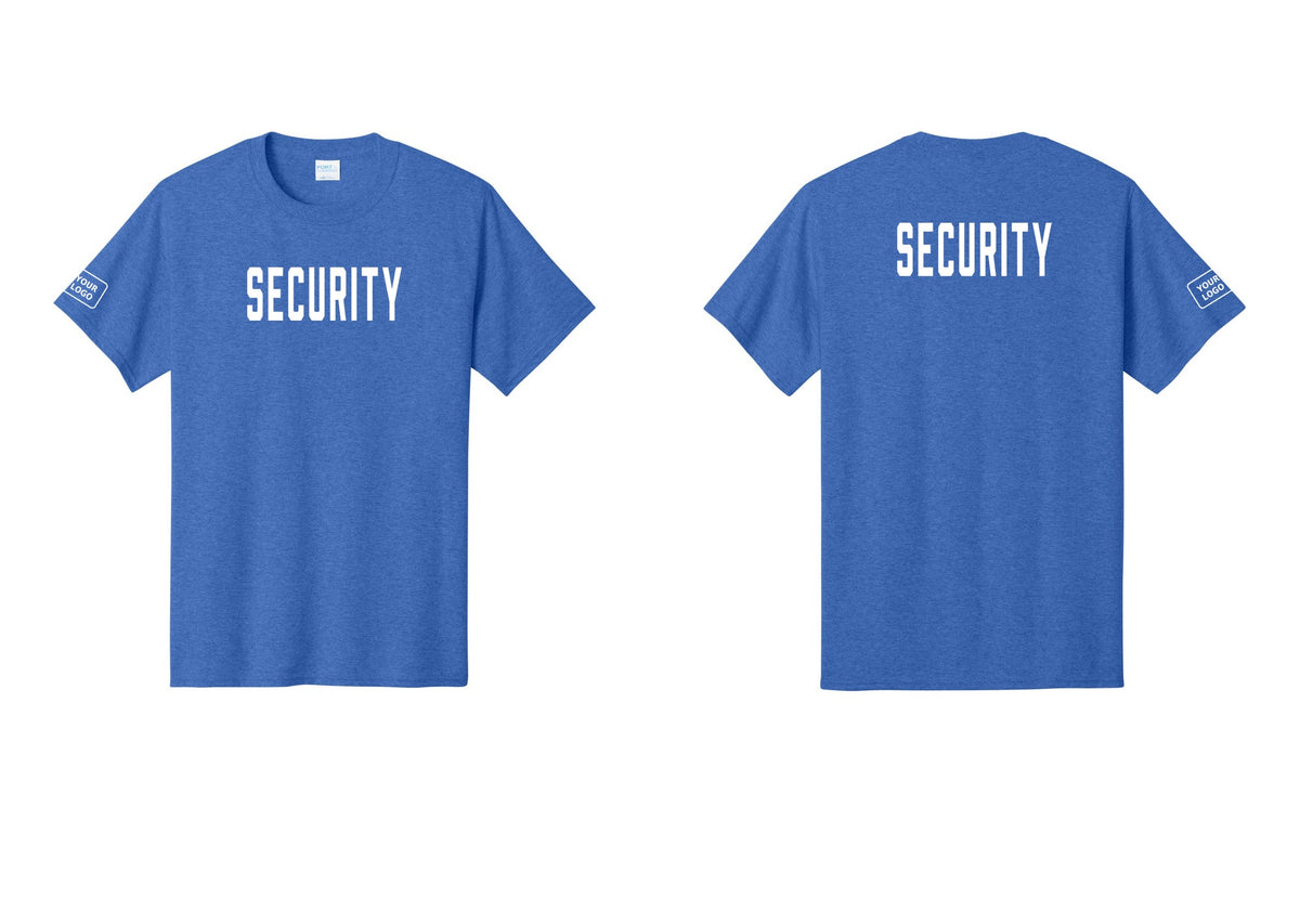 NYC Factory Custom Logo Security T-Shirt, Condensed Lettering - Front + Back + Your Logo Sleeve - Heather Royal