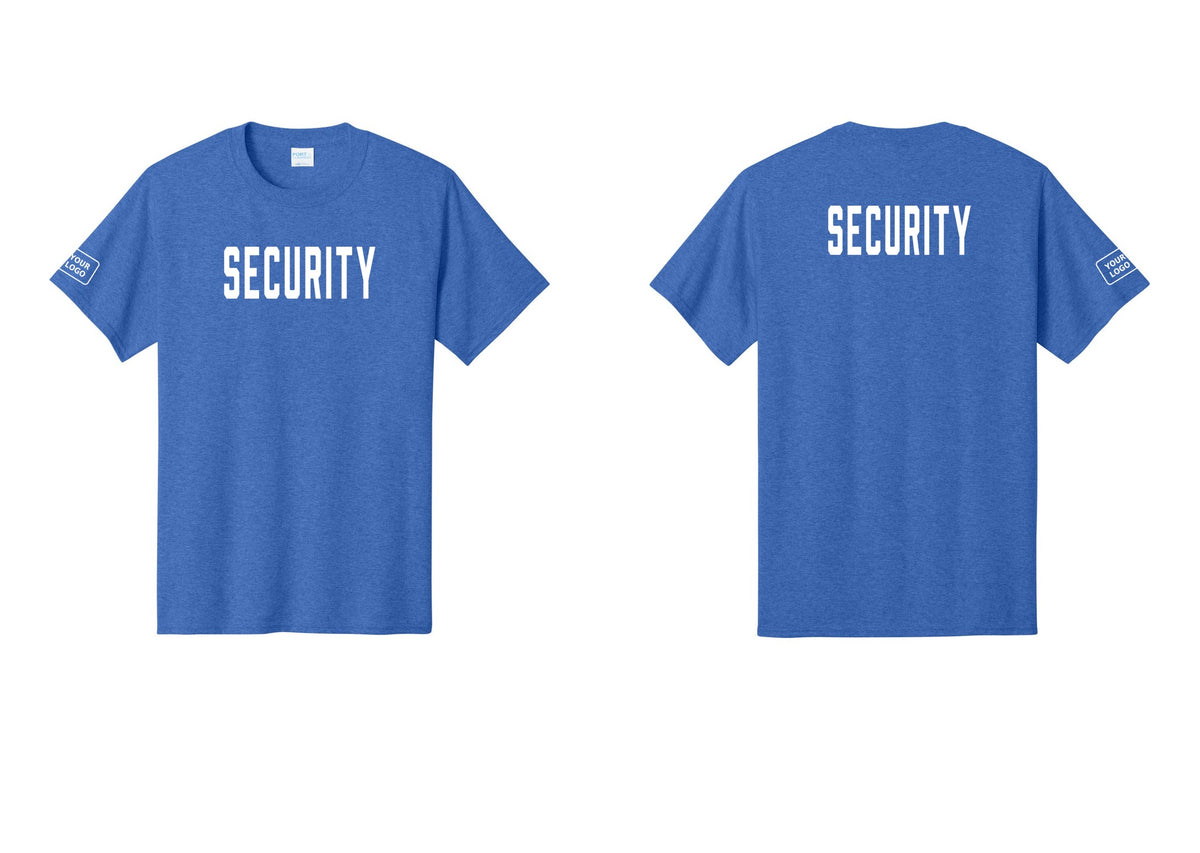 NYC Factory Unisex Security Custom Logo Black T-Shirt - Front + Back + Your Logo Sleeve - Heather Royal